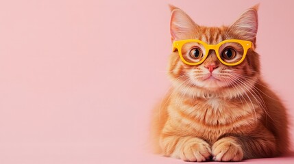 Fototapeta premium cat in yellow glasses on clean isolated pink background