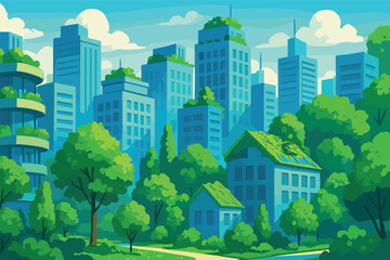 Eco friendly urban oasis with green architecture and lush vegetation for sustainable city design