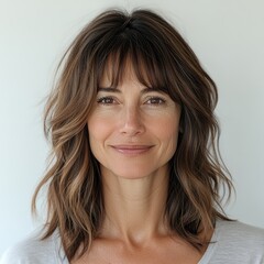 Captivating portrait of a woman with flowing hair in a neutral backdrop