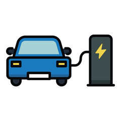 An electric car connected to a charging station with a flashlight color icon, representing EV charging and sustainable transportation