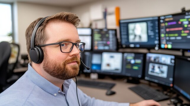 Customer support action office environment digital communication technology setup focused perspective efficient service