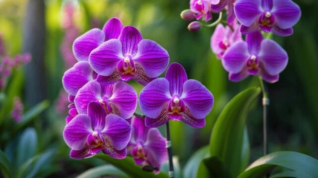 Stunning magenta orchids showcase lively hues in a tranquil garden setting.