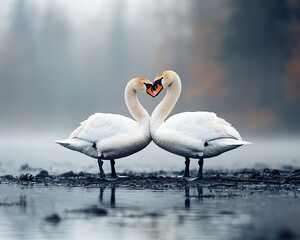 Obraz premium Two swans facing each other, necks intertwined, forming a heart shape in a serene, misty landscape
