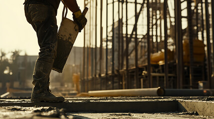 Fototapeta premium Construction worker pouring concrete into a form on a building site. Precision and strength
