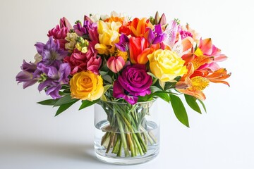 Vibrant bouquet of colorful flowers in a clear glass vase, perfect for celebrations and gifts.
