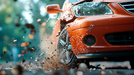 High-speed car accident reveals severe damage to crashed vehicle in urban setting captured in stunning detail