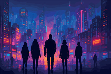 Futuristic city silhouettes against vibrant neon skyline for creative design and digital art