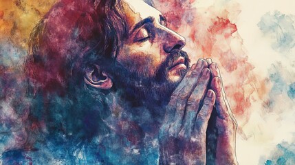 Fototapeta premium Spiritual man praying watercolor painting artistic peaceful meditation god red hope soul blue face