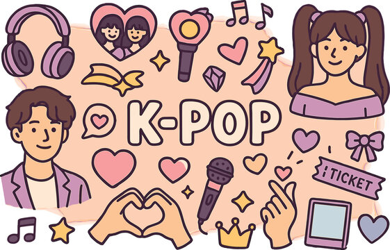 K pop icon set featuring various symbols including music, fashion, and fun designs