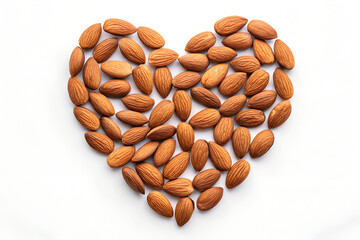 Almonds in Heart Shape on White Background – Healthy Food Concept Top View