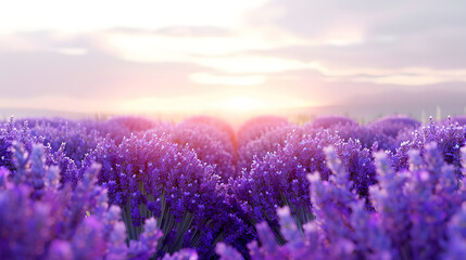 Scenic Summer Sunset View of Lavender Field Isolated on White Background