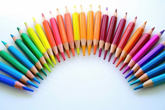 A vibrant array of colorful pencils arranged in a rainbow formation on a bright surface isolated on transparent background