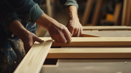 Carpenter assembling wood frames for doors. Featuring frame construction and custom woodworking