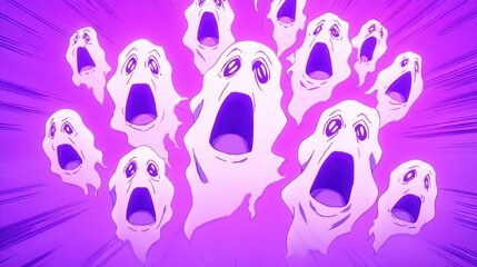 Clones resembling ghostly figures surround a colorful backdrop, all screaming in unison. They float in a dynamic formation, combining excitement with an eerie vibe