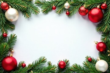 Festive red, green, white ornaments & branches border Christmas frame , frame, present, seasonal