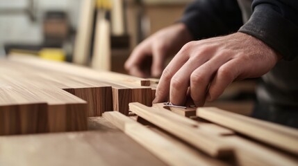 Carpenter assembling wood pieces into a custom shelf. Featuring woodwork and creativity