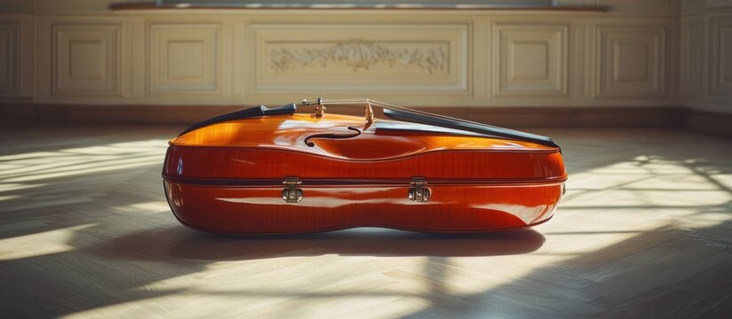 Cello case on light-wood floor, classic interior