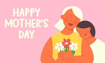 Mother's Day. Horizontal banner in flat style with mother and daughter