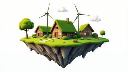 Floating Island With Houses And Windmills