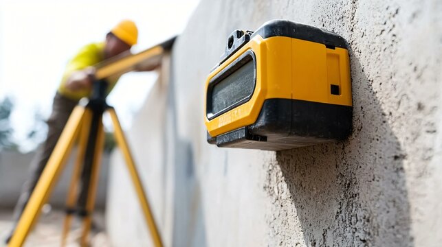 Laser distance measurer aimed at concrete wall, tripod-mounted level in background, used in detailed site inspection