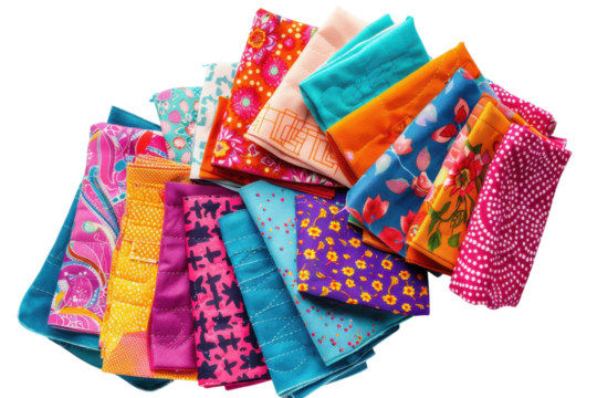 Vibrant fabric squares on a bright background display intricate patterns and textures isolated on transparent background