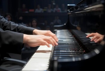 Obraz premium Pianist's Hands on Grand Piano: A Dramatic Close-up