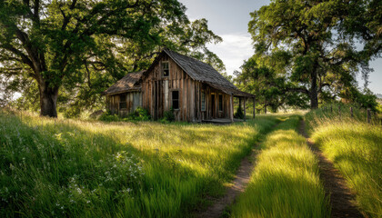 Obraz premium A weathered farmhouse surrounded by vibrant green grass and trees, illuminated by soft evening light with a path inviting exploration