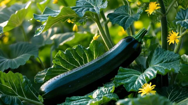 Dark green squash or black beauty zucchini flourishing on an organic farm.