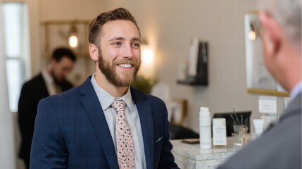 professional representative assisting customer with friendly smile in modern reception area. atmosphere is welcoming and engaging, showcasing excellent customer service