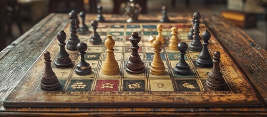 Chess game on antique wooden board