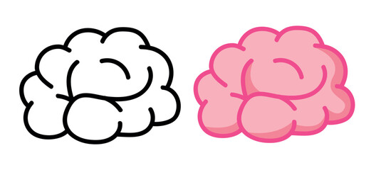 Simple Black and Pink Brain Illustration in Line Art and Filled Cartoon Icon