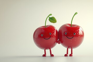 Two cute cartoon cherries holding hands, smiling happily against a light background.