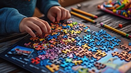 Obraz premium Child assembling a colorful jigsaw puzzle on a wooden table, focusing on learning and creativity. Possible use Educational, children's activity