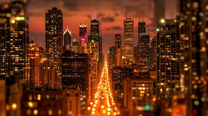 Stunning Urban Skyline at Twilight with Vibrant City Lights Illuminating Downtown Area