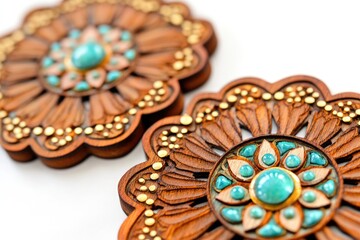 Intricate wooden flower ornaments adorned with turquoise stones and gold accents.