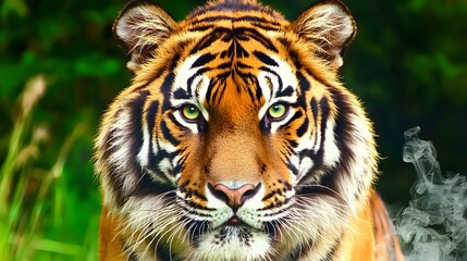 Fototapeta premium Majestic Tiger Staring Intently with Striking Green Eyes in Lush Forest Environment
