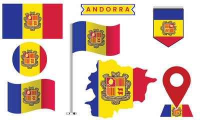 Andorra Flag Icon Set, Vector Map, Badge, Pin & Waving Flag Collection