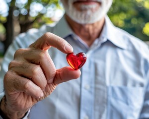 Older man holding a red heart-shaped object outdoors to symbolize love and kindness in a serene environment