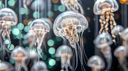 A School of Bioluminescent Jellyfish Floating in a Tranquil Ocean Environment with Colorful Bokeh