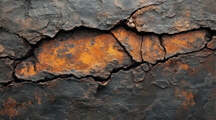 Cracked surface revealing vibrant orange beneath layers of worn texture and decay