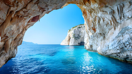 Fototapeta premium Breathtaking Blue Caves on Zakynthos Island in Greece: Remote White Beach