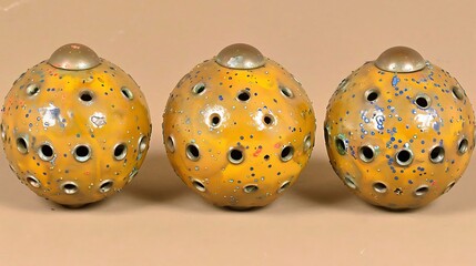 Obraz premium Three decorative ceramic spheres with circular perforations and domed tops exhibit rustic charm