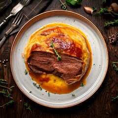 Delicious freshly baked beef wellington with sprig of rosemary 