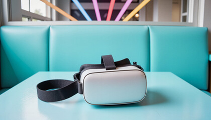 Silver retro VR goggles resting on a pastel blue diner table with abstract neon line reflections above, concept of immersive retro tech