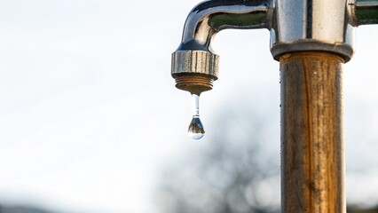 Fototapeta premium Close-up of a water faucet with a droplet frozen mid-air before detaching. The soft, blurred background offers ample text space; subtle lighting highlights reflective metal and water.