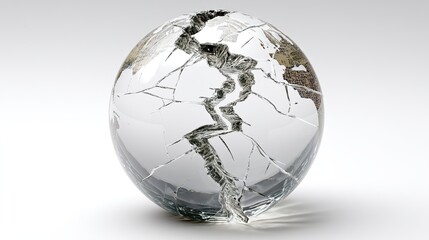 Shattered glass globe depicting global crisis.