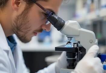 Scientist Examining Insect Under Microscope: A Close-Up Study
