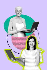 Image 3d zine vertical collage of happy girl guys hold laptop type message notification speech chat...