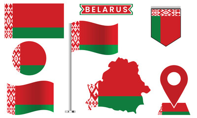 Belarus Flag Icon Set, Vector Map, Badge, Pin & Waving Flag Collection