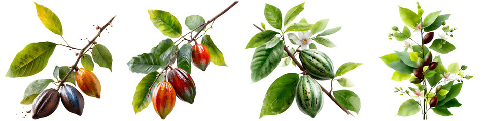 World chocolate day and dark chocolate celebration, Cocoa branches showcase vibrant pods in various stages of ripeness, along with fresh leaves and delicate flowers.